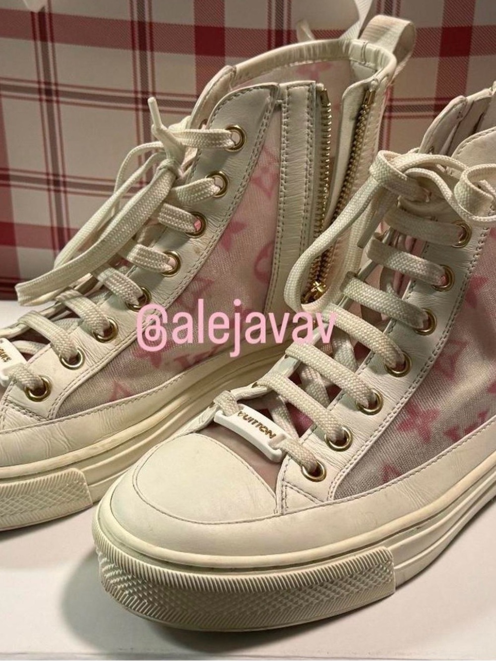 Louis Vuitton Pink and Cream High-Top Lace-Up Sneakers